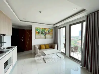 Modern living room with balcony view and stylish decor