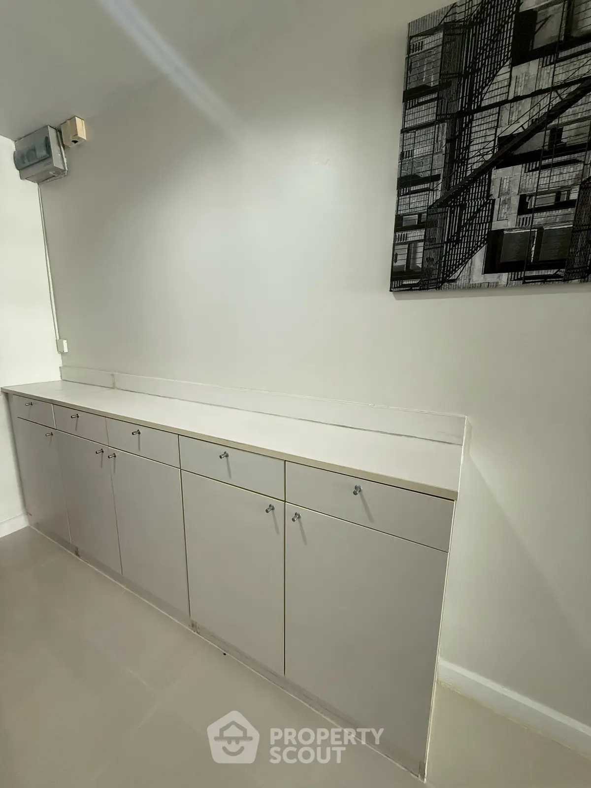 Modern storage area with sleek cabinetry and contemporary wall art