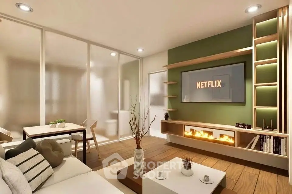 Modern living room with stylish decor and built-in entertainment center