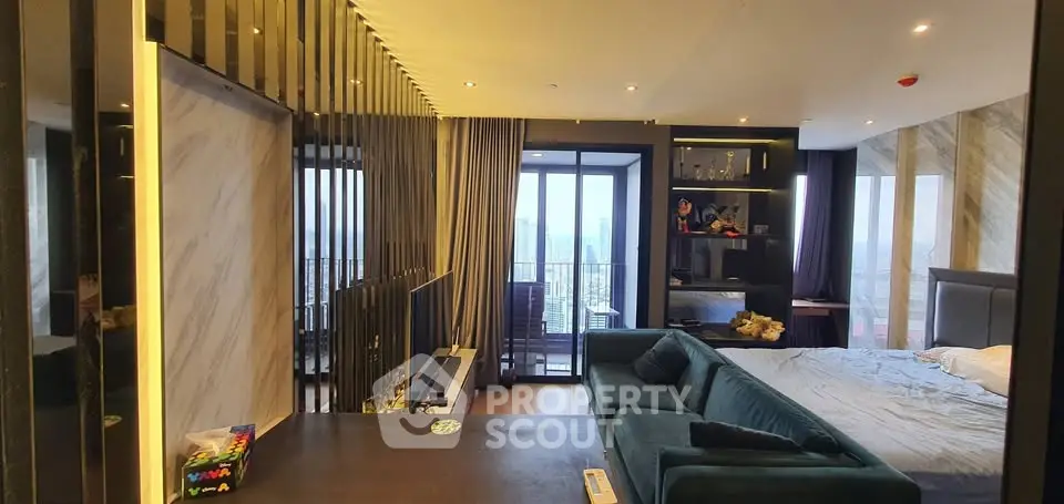 Luxurious modern bedroom with balcony and stunning city view