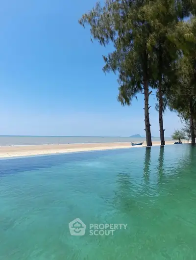 Stunning beachfront infinity pool with serene ocean view and lush trees.
