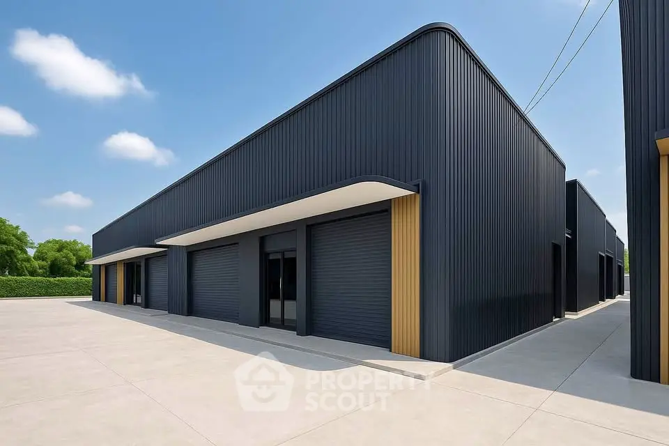 Modern industrial building with sleek design and spacious exterior