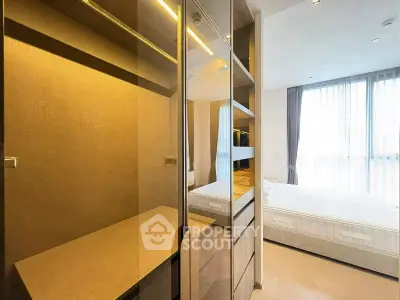 Luxurious bedroom with walk-in closet and large windows for natural light