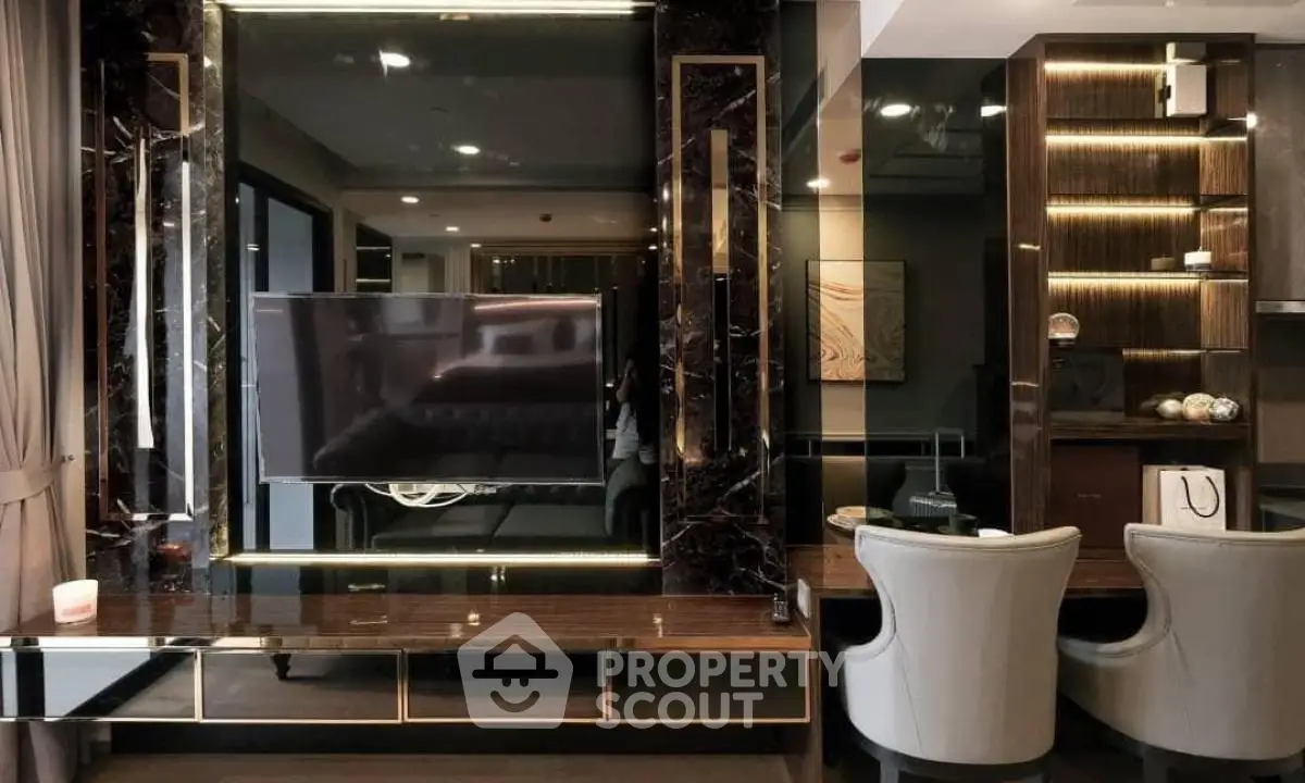 Luxurious modern living room with elegant decor and built-in TV unit