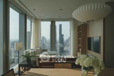 Luxurious living room with panoramic city view and elegant decor in high-rise apartment.