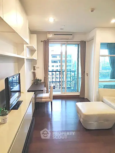 Modern living room with balcony view in urban apartment