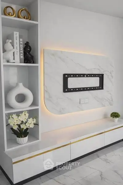 Modern living room with elegant marble TV wall and stylish decor