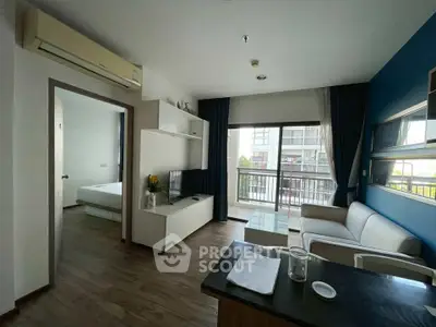 Modern living room with balcony view in stylish apartment