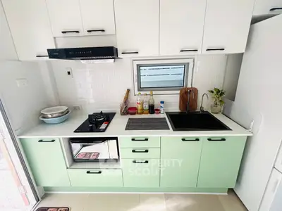 Modern kitchen with green cabinets, black sink, and gas stove in a compact layout.