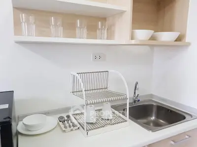 Modern kitchen with sleek sink and stylish dish rack in a minimalist design.