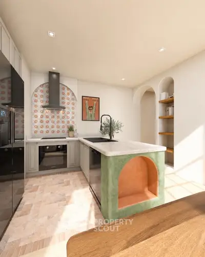 Stylish kitchen with modern appliances and unique design elements, featuring an open layout and vibrant decor.