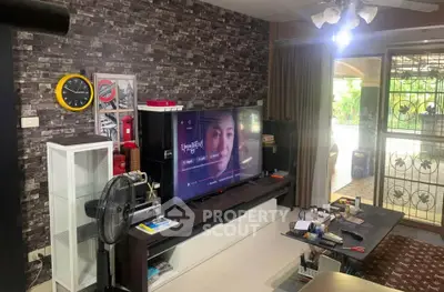 Cozy living room with modern decor and entertainment setup