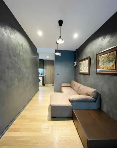 Modern living room with sleek design and cozy sofa in stylish apartment