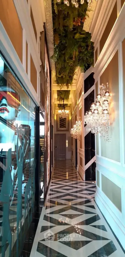 Luxurious building corridor with elegant chandeliers and modern design