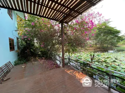 Tranquil home with spacious covered patio overlooking a serene lily pond, surrounded by lush greenery and vibrant bougainvillea, ideal for relaxation and outdoor living.