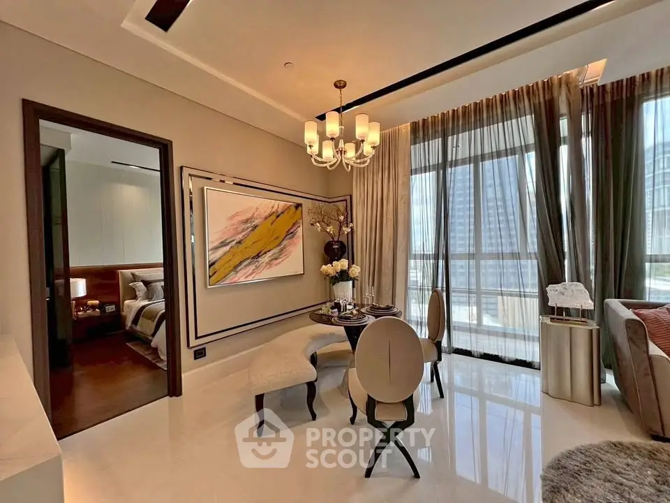 Luxurious modern living room with elegant dining area and large windows offering stunning city views.