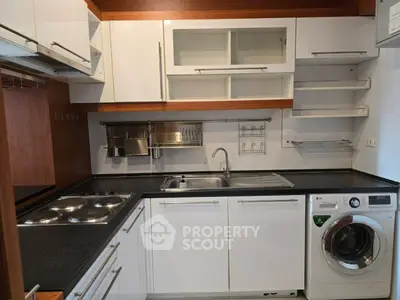 Compact modern kitchen with sleek cabinetry and built-in washing machine