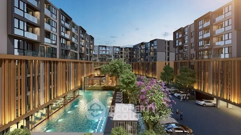 Luxurious modern apartment complex with stunning pool and lush landscaping