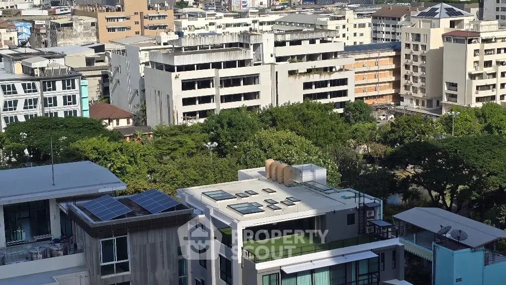 Stunning cityscape view with modern buildings and lush greenery