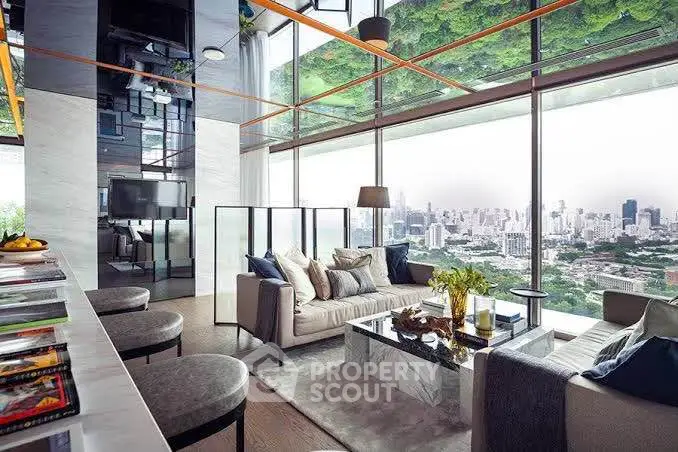 Luxurious modern living room with panoramic city view and stylish decor