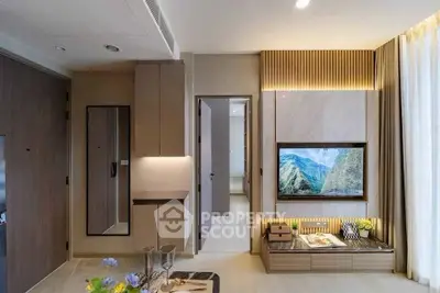 Modern living room with stylish decor and built-in TV unit