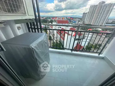 Modern balcony with city view in high-rise apartment