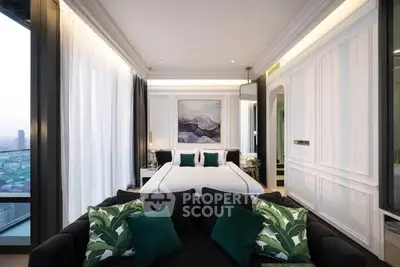 Luxurious bedroom with city view, elegant decor, and modern furnishings.