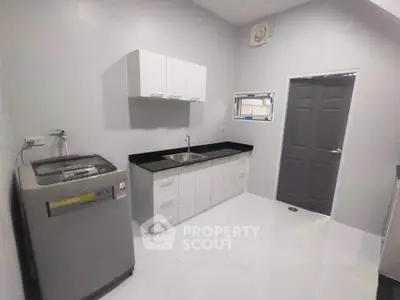 Modern kitchen with sleek cabinets and washing machine in a minimalist design.