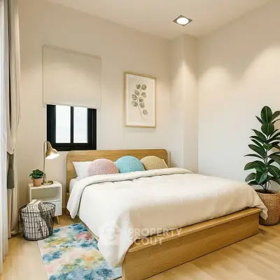 Cozy bedroom with modern decor, featuring a wooden bed, colorful cushions, and a vibrant rug.