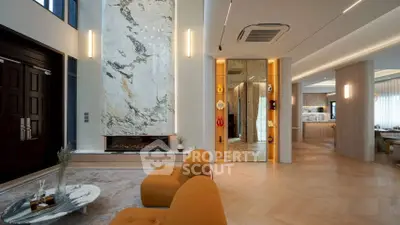 Luxurious modern living room with marble fireplace and elegant decor