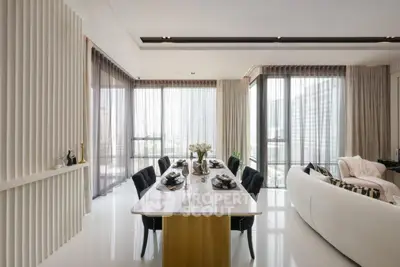 Luxurious modern living room with elegant dining area and panoramic city views.