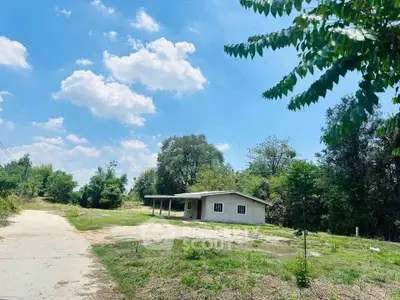 Charming rural house with spacious yard and lush greenery under a bright blue sky.