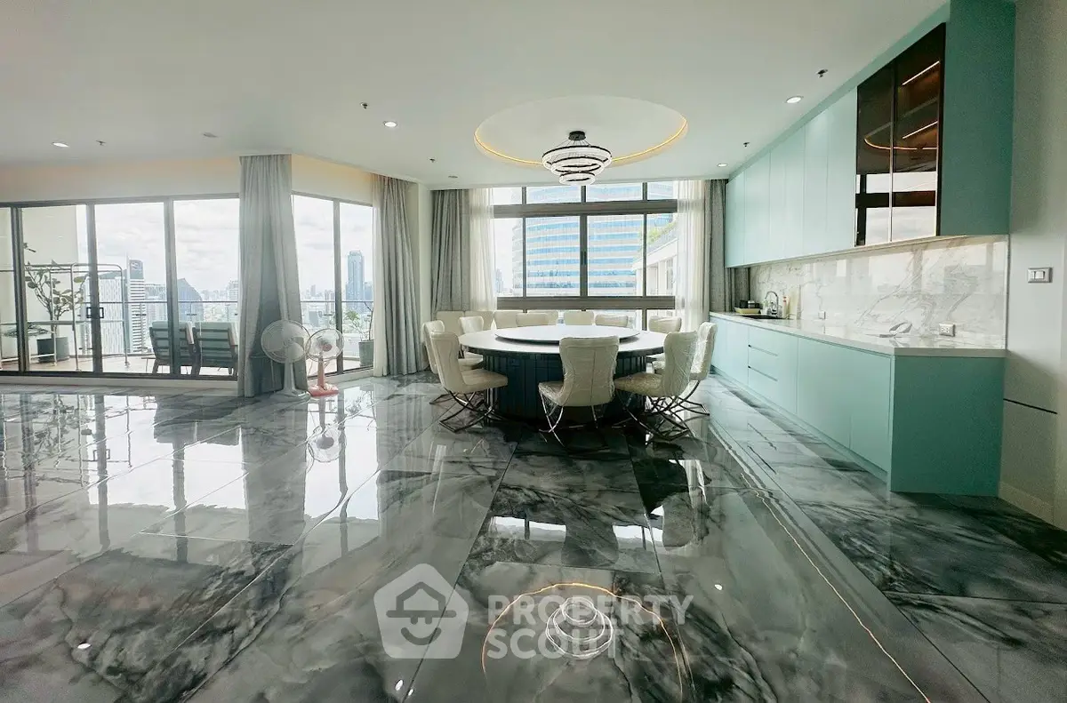 Luxurious open-plan living room with stunning marble floors and city views