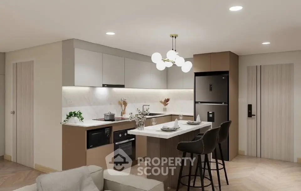 Modern kitchen with island, sleek cabinetry, and stylish lighting in a contemporary apartment.