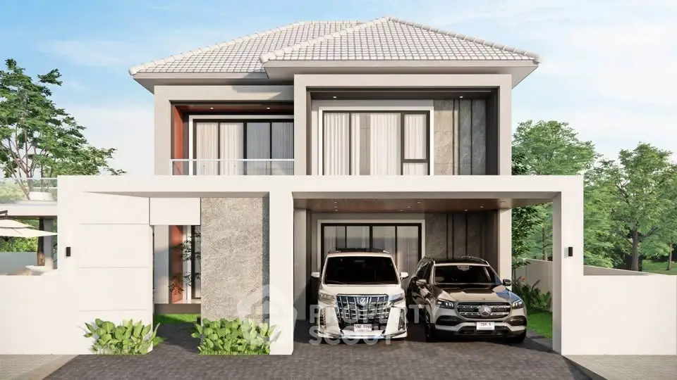 Modern two-story house with two-car garage and stylish facade