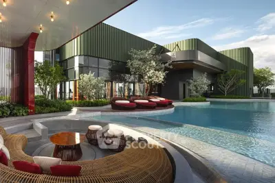Luxurious modern building with stunning poolside seating and lush greenery, perfect for relaxation and entertainment.