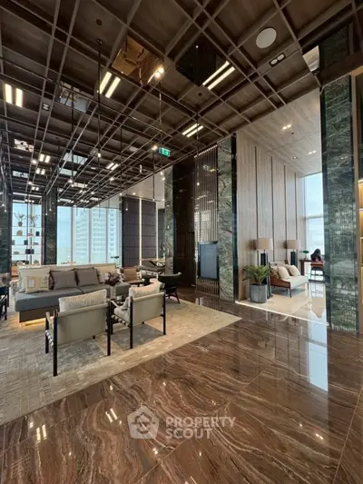 Luxurious modern living room with high ceilings, elegant decor, and stunning city views.