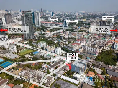 Aerial view of Bangkok neighborhood with proximity to Thonglor, Petchburi Road, and airport rail link.