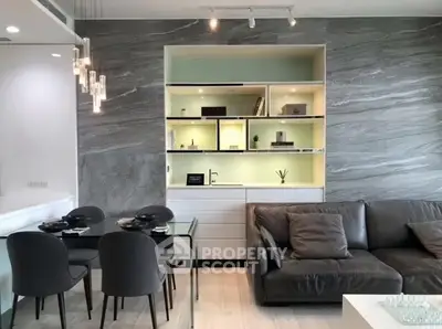 Modern living room with sleek furniture and stylish shelving, perfect for contemporary living.