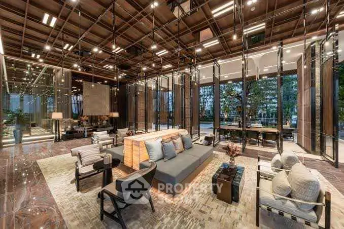 Luxurious modern living room with elegant decor and expansive windows offering stunning views.