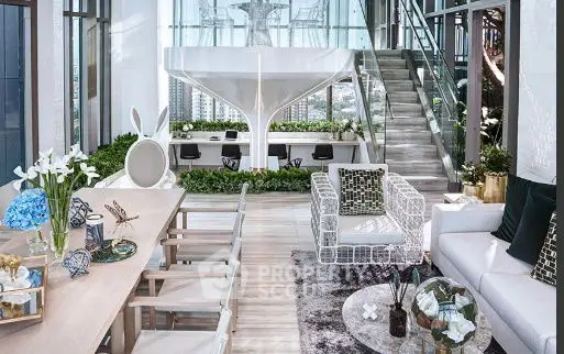Luxurious modern living room with unique decor and stunning city view