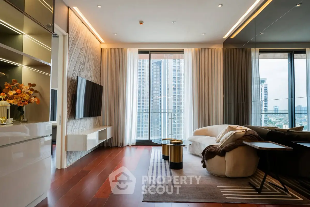 Luxurious modern living room with city view, elegant decor, and floor-to-ceiling windows.