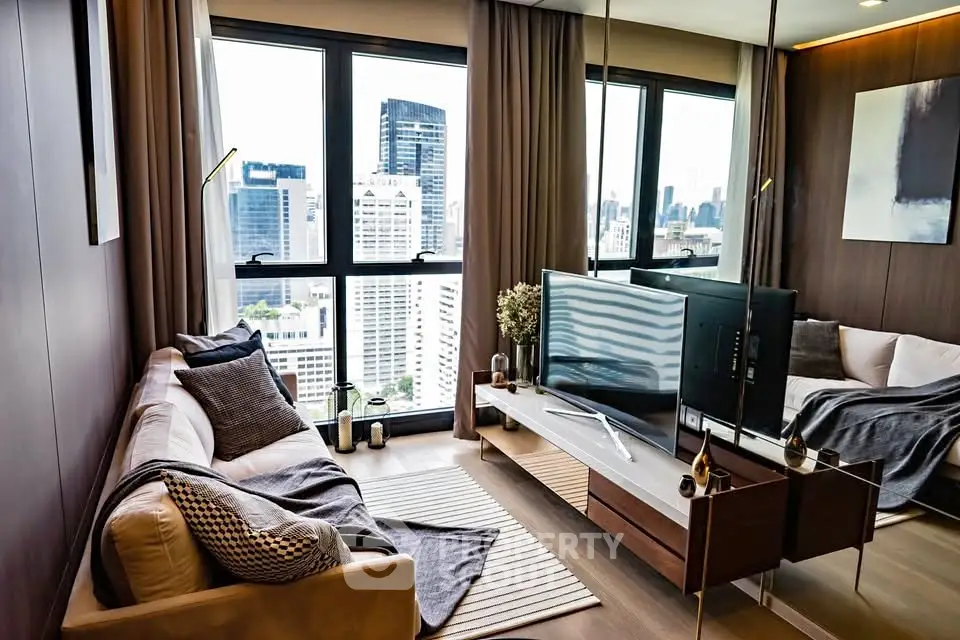 Luxurious modern living room with stunning city view, featuring sleek furniture and elegant decor.