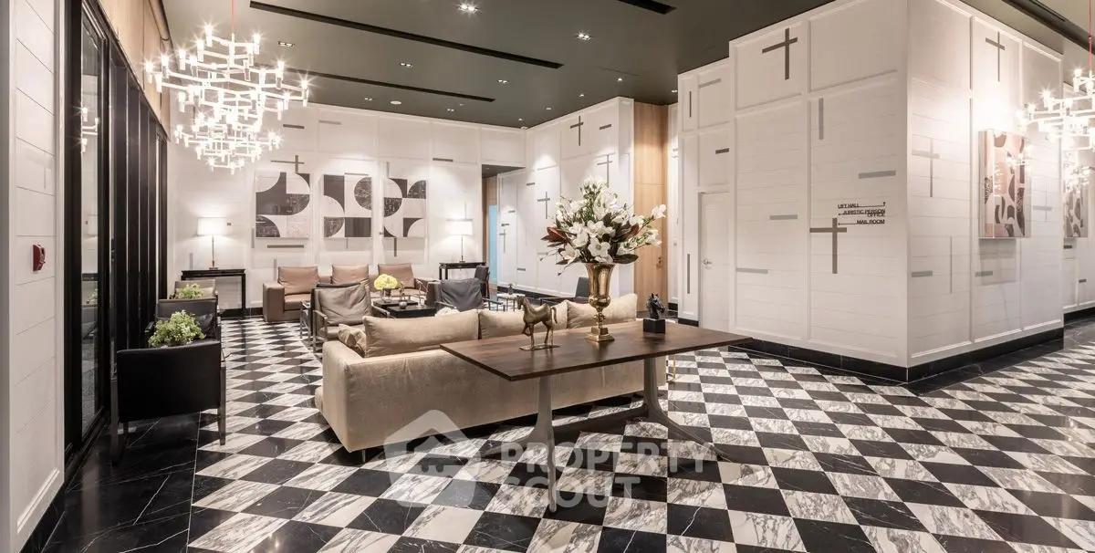 Luxurious modern lobby with elegant decor and stylish lighting fixtures