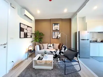 Modern living room with stylish decor and open kitchen layout