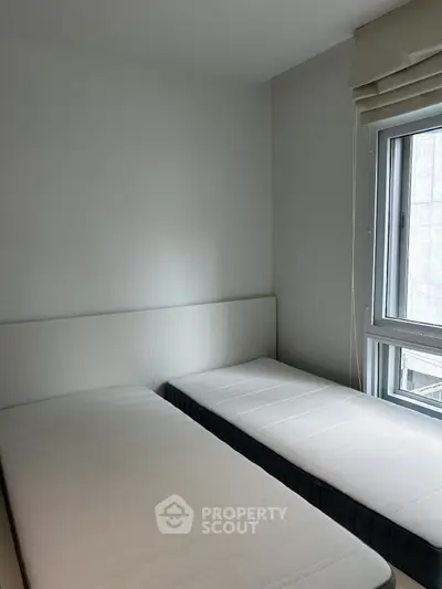 Cozy bedroom with twin beds and natural light from window