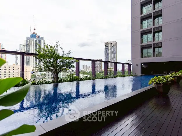 Luxurious rooftop pool with stunning cityscape views in modern high-rise building.