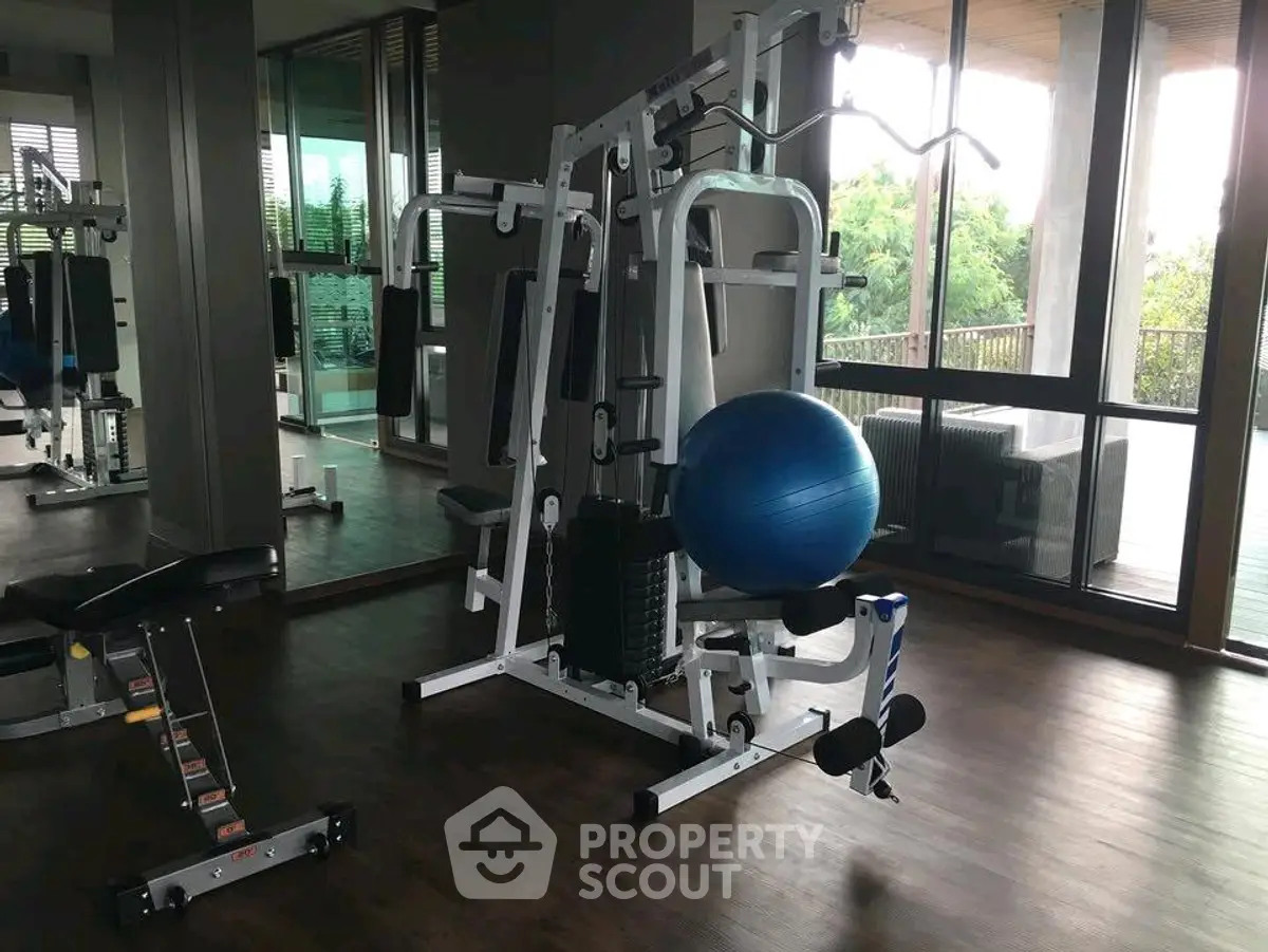 Modern gym with state-of-the-art equipment and large windows offering natural light and garden views.