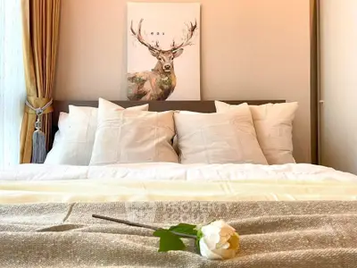 Cozy bedroom with elegant decor and deer artwork above bed