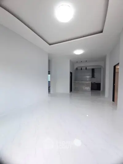 Spacious modern living room with open kitchen and high ceilings